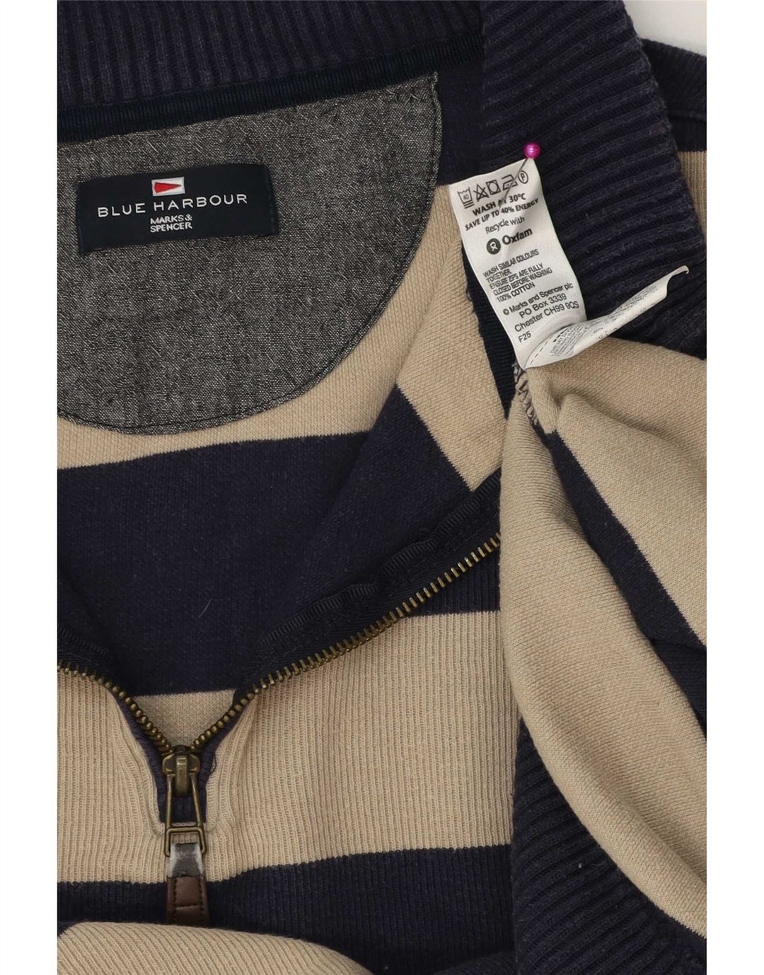 Suéter masculino Marks & Spencer com zíper e gola alta de algodão listrado azul marinho
