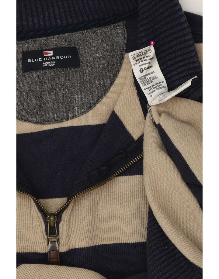 Suéter masculino Marks & Spencer com zíper e gola alta de algodão listrado azul marinho