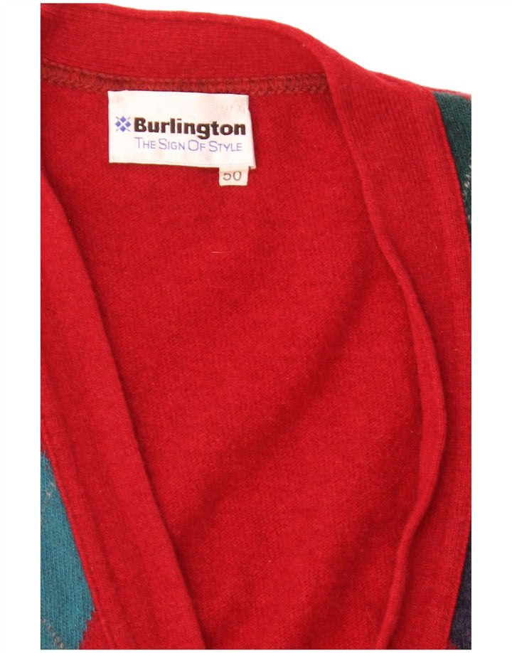 Suéter cardigã masculino sem mangas Burlington IT 50 grande vermelho Argyle/Diamante