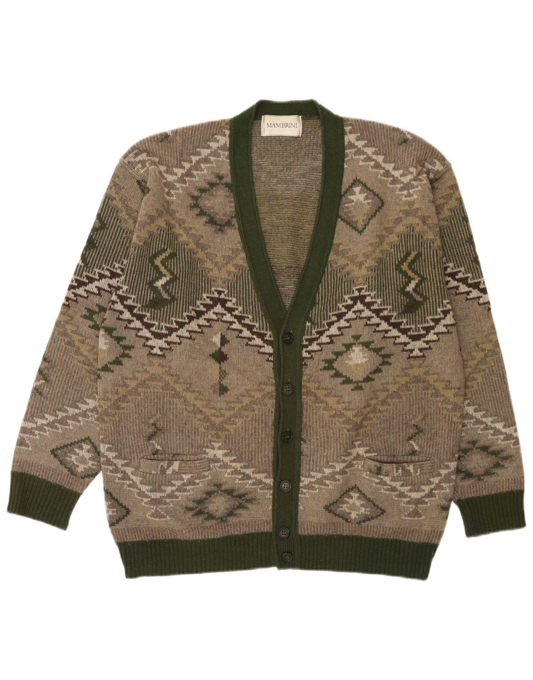 Suéter cardigã masculino vintage grande lã geométrica verde