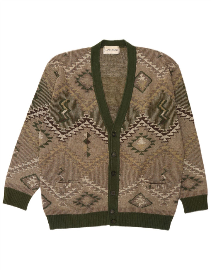 Suéter cardigã masculino vintage grande lã geométrica verde
