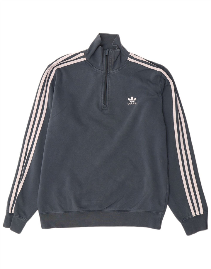 Adidas Mens Zip Neck Moletom Jumper Médio Algodão Cinza