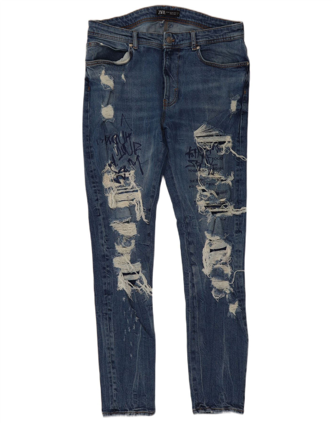 ZARA Mens Graphic Distressed Slim Jeans EU 44 Grande W34 L30 Azul