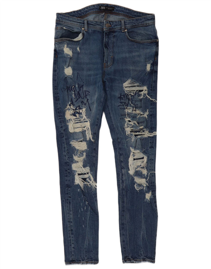ZARA Mens Graphic Distressed Slim Jeans EU 44 Grande W34 L30 Azul