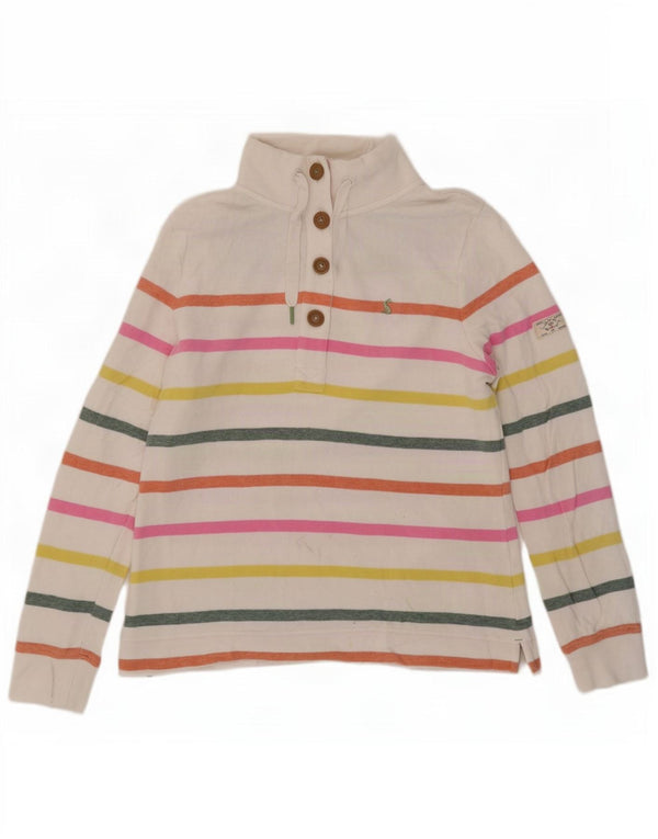 Suéter feminino Joules com gola redonda e botão UK 10 listrado branco pequeno