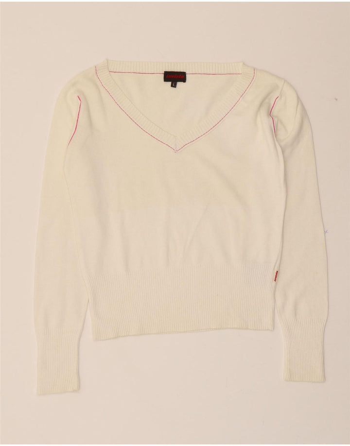 INVICTA Womens Crop V-Neck Jumper Sweater UK 14 Large White Cotton Vintage Invicta and Second-Hand Invicta from Messina Hembry 