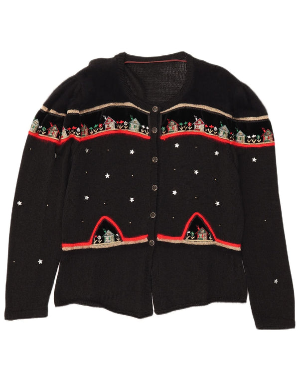 Suéter cardigã gráfico feminino vintage Reino Unido 14 grande algodão preto