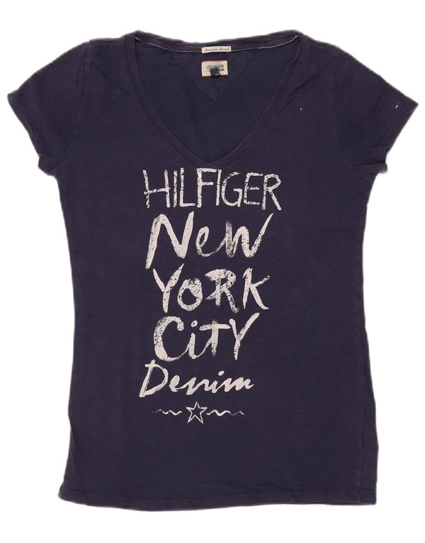 Tommy Hilfiger Camiseta feminina gráfica Top Reino Unido 10 pequeno algodão azul marinho