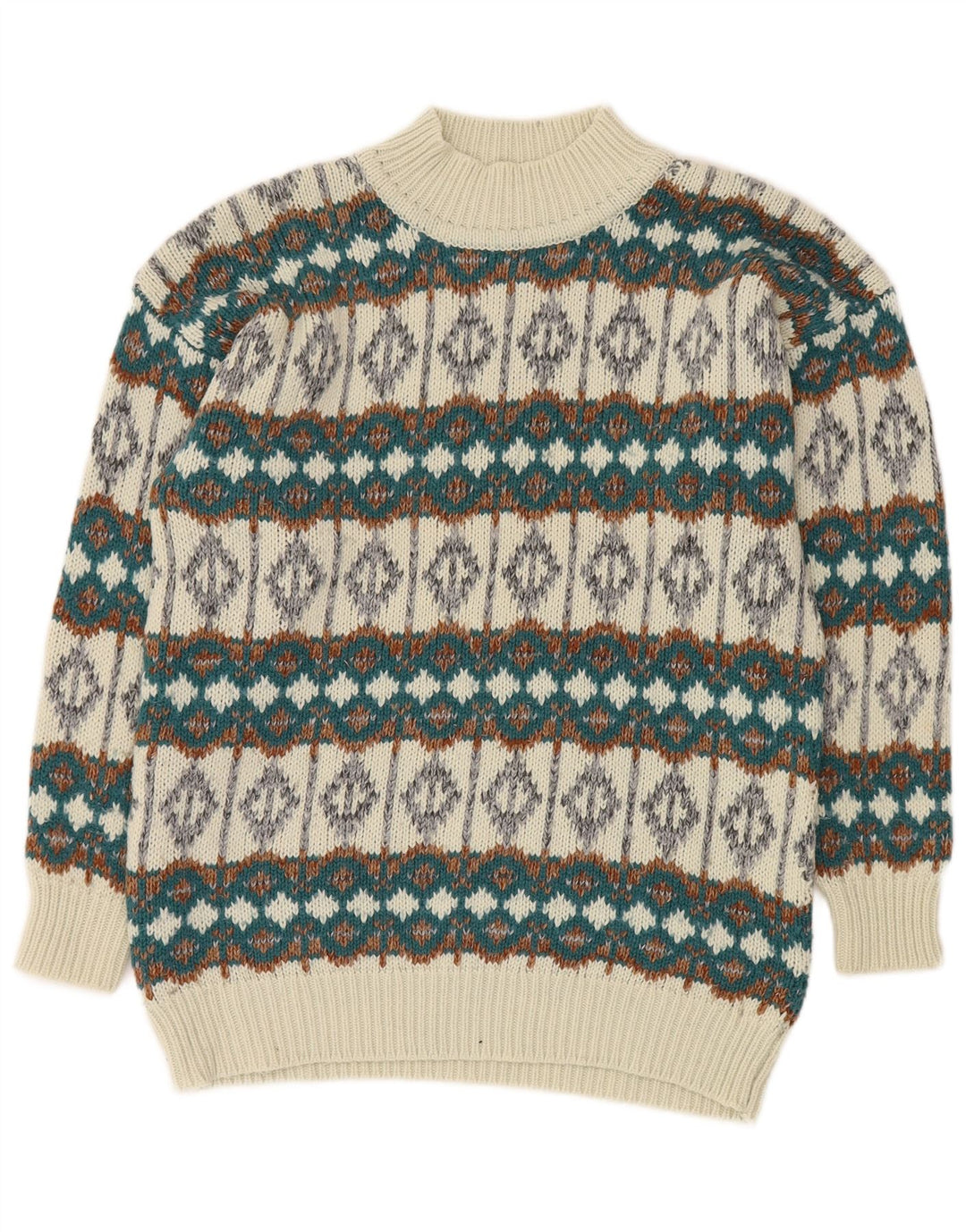 Suéter masculino VINTAGE com gola tartaruga médio branco Fair Isle