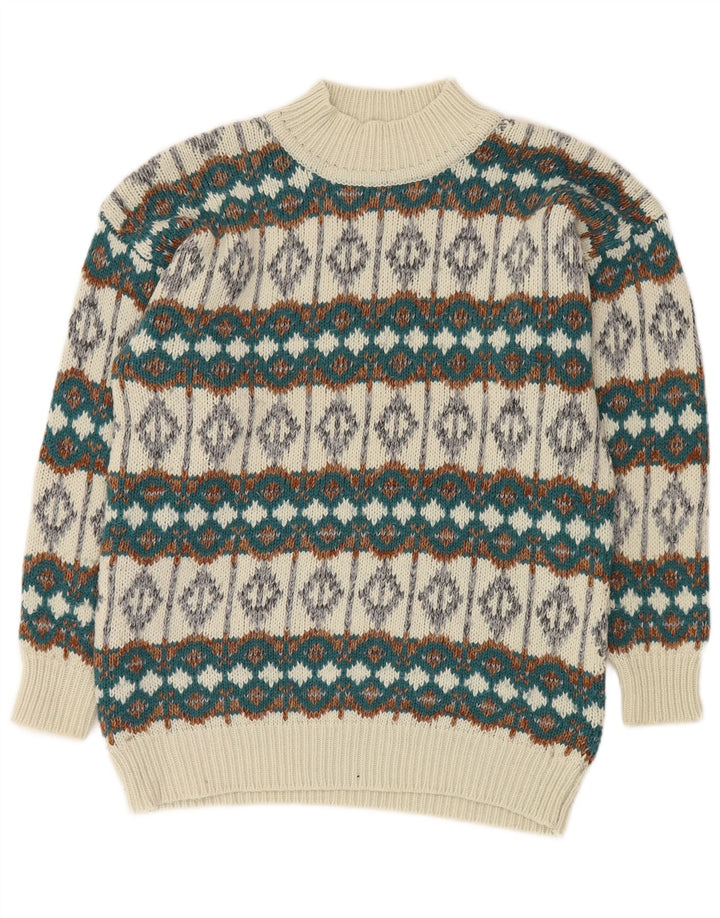 Suéter masculino VINTAGE com gola tartaruga médio branco Fair Isle