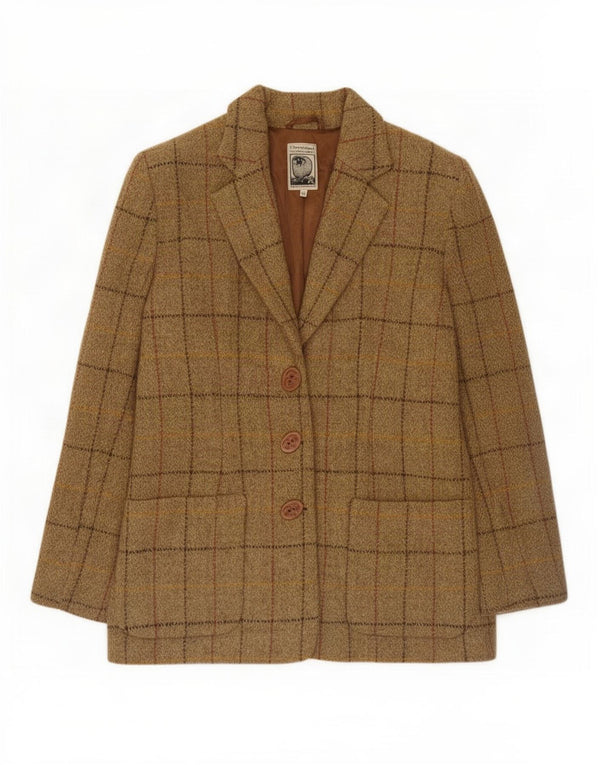 Jaqueta blazer feminina de 3 botões Harris Tweed Reino Unido 12 lã xadrez marrom médio