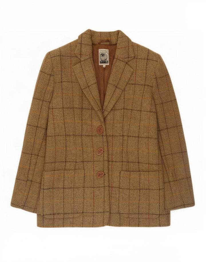 Jaqueta blazer feminina de 3 botões Harris Tweed Reino Unido 12 lã xadrez marrom médio