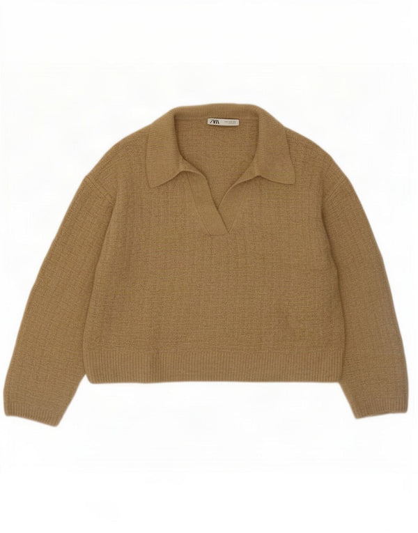 Suéter feminino Zara com corte solto e gola polo, Reino Unido 14, médio, cáqui