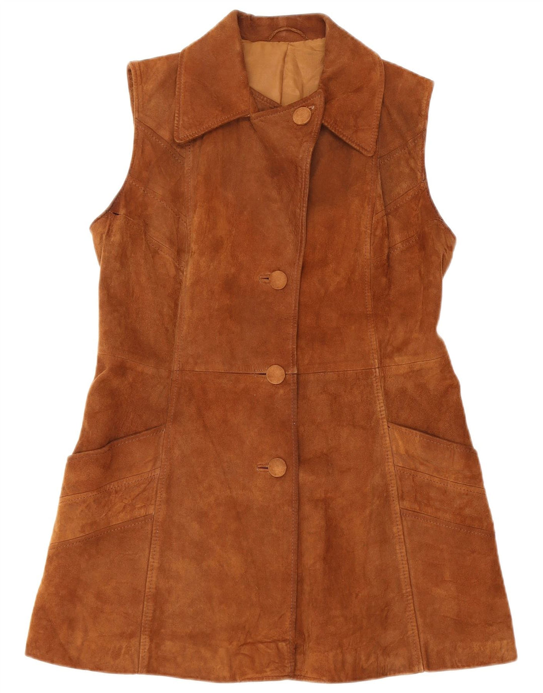 Sobretudo feminino vintage de camurça sem mangas IT 46 couro marrom grande
