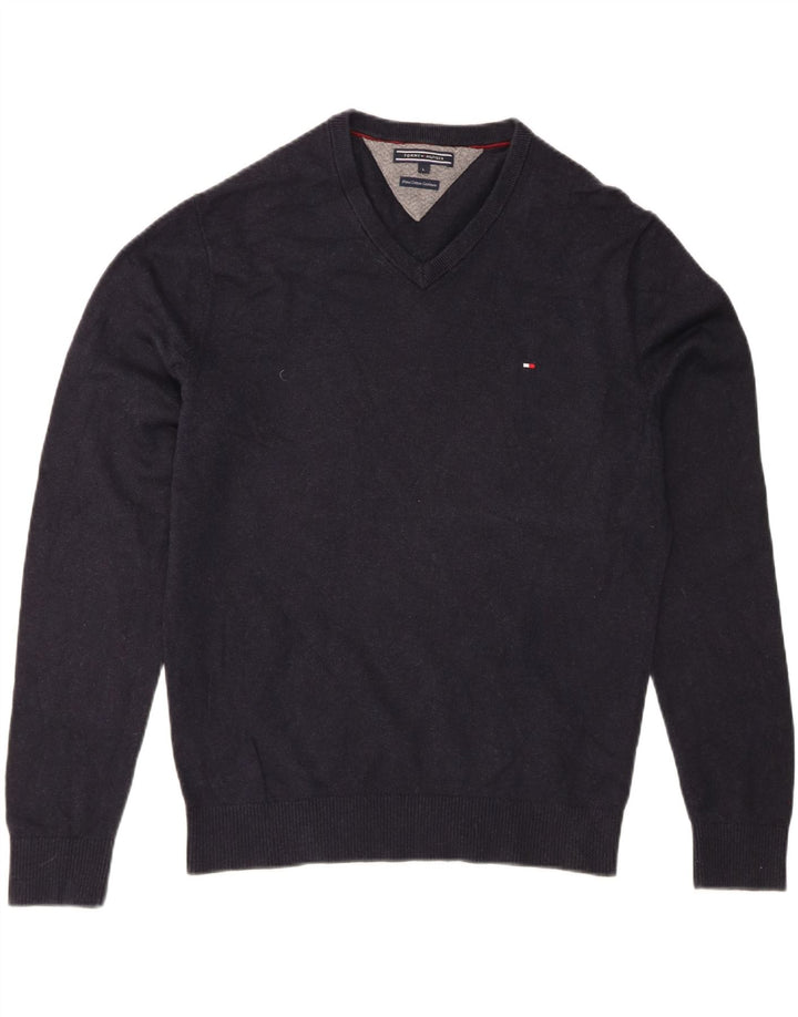 Suéter masculino TOMMY HILFIGER com decote em V grande algodão azul marinho