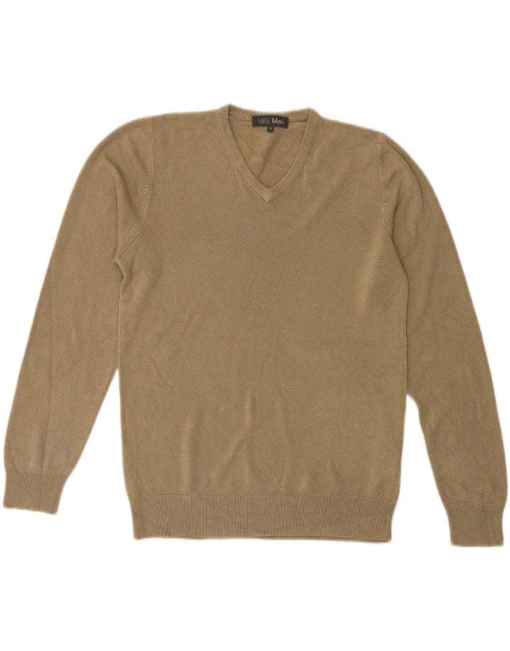 Suéter masculino Marks & Spencer com decote em V, acrílico bege médio