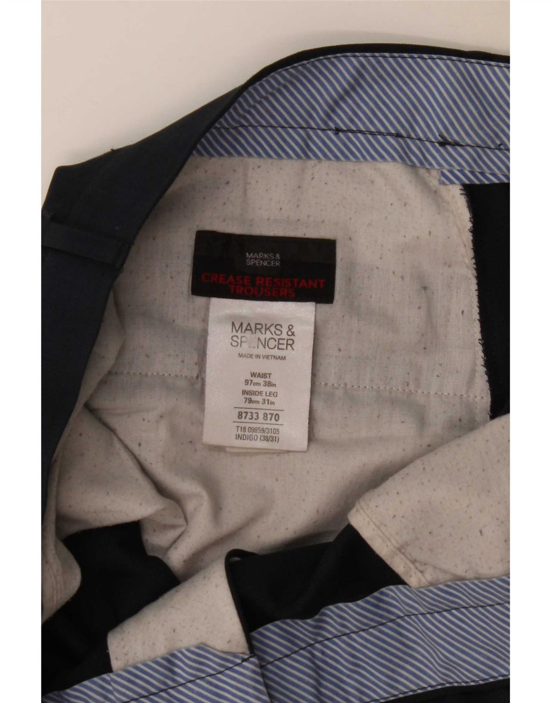 Calça masculina de terno reto Marks & Spencer W38 L31 azul marinho poliéster
