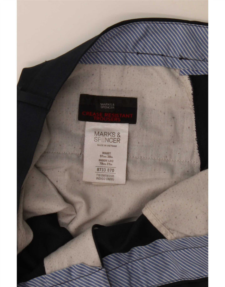 Calça masculina de terno reto Marks & Spencer W38 L31 azul marinho poliéster