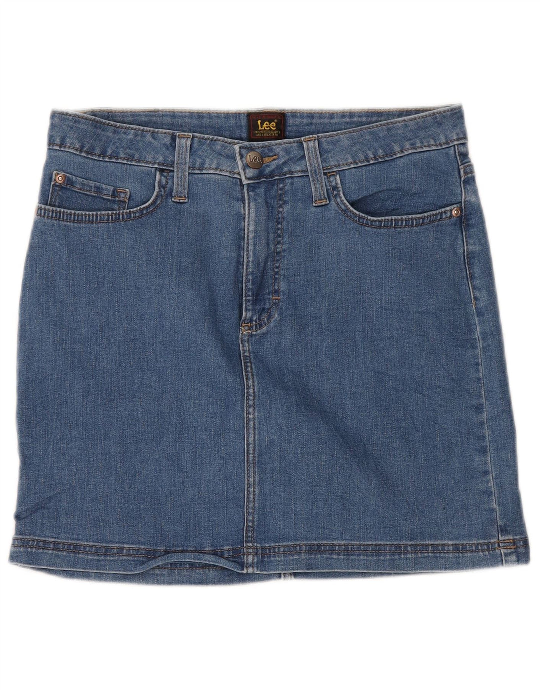 Saia jeans feminina LEE EUA 10 grande W32 algodão azul