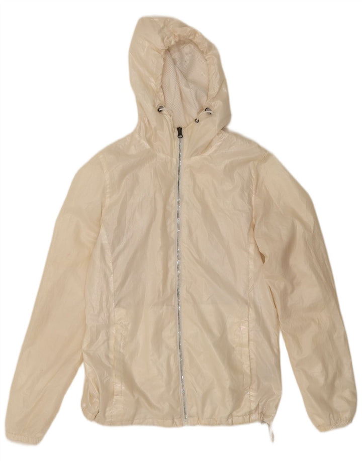 Jaqueta de chuva com capuz feminina New Balance UK 10 pequena poliéster branco