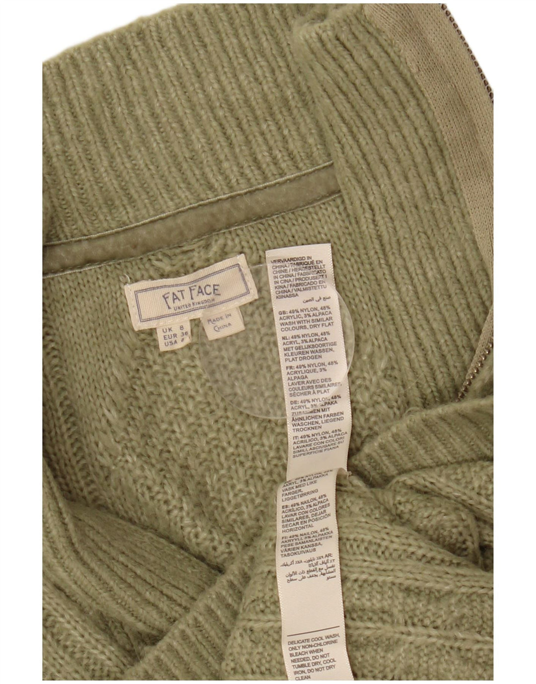 Suéter feminino FAT FACE com zíper e gola UK 8 pequeno cáqui Argyle/Diamante