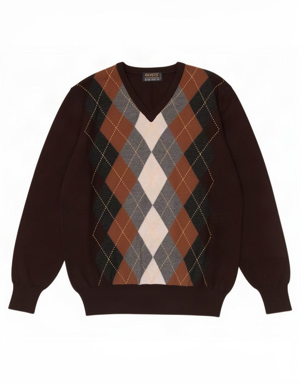 Suéter masculino vintage com decote em V IT 48 marrom médio argyle/diamante