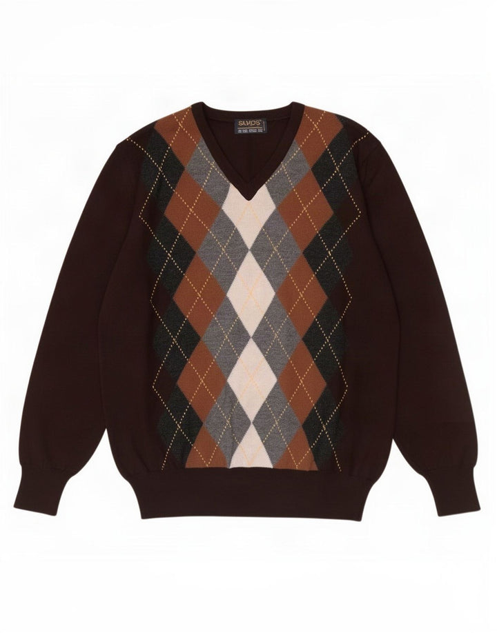Suéter masculino vintage com decote em V IT 48 marrom médio argyle/diamante