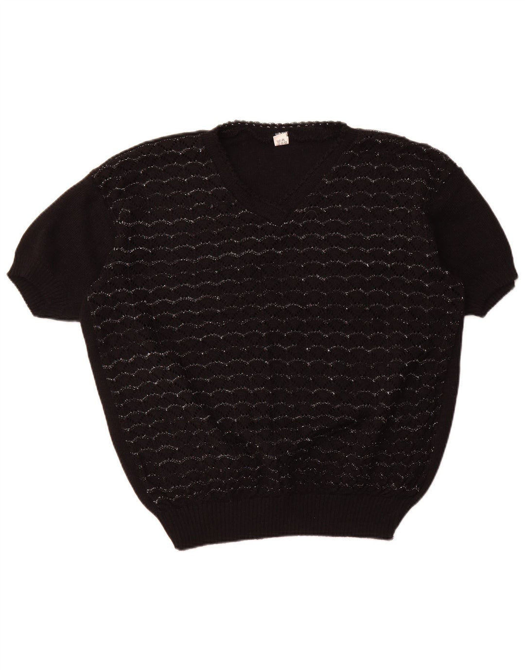 Suéter feminino VINTAGE manga curta com decote em V Reino Unido 18 XL preto listrado