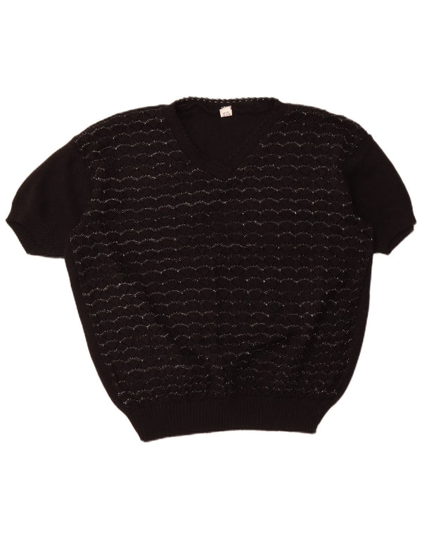 Suéter feminino VINTAGE manga curta com decote em V Reino Unido 18 XL preto listrado
