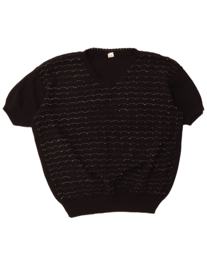 Suéter feminino VINTAGE manga curta com decote em V Reino Unido 18 XL preto listrado