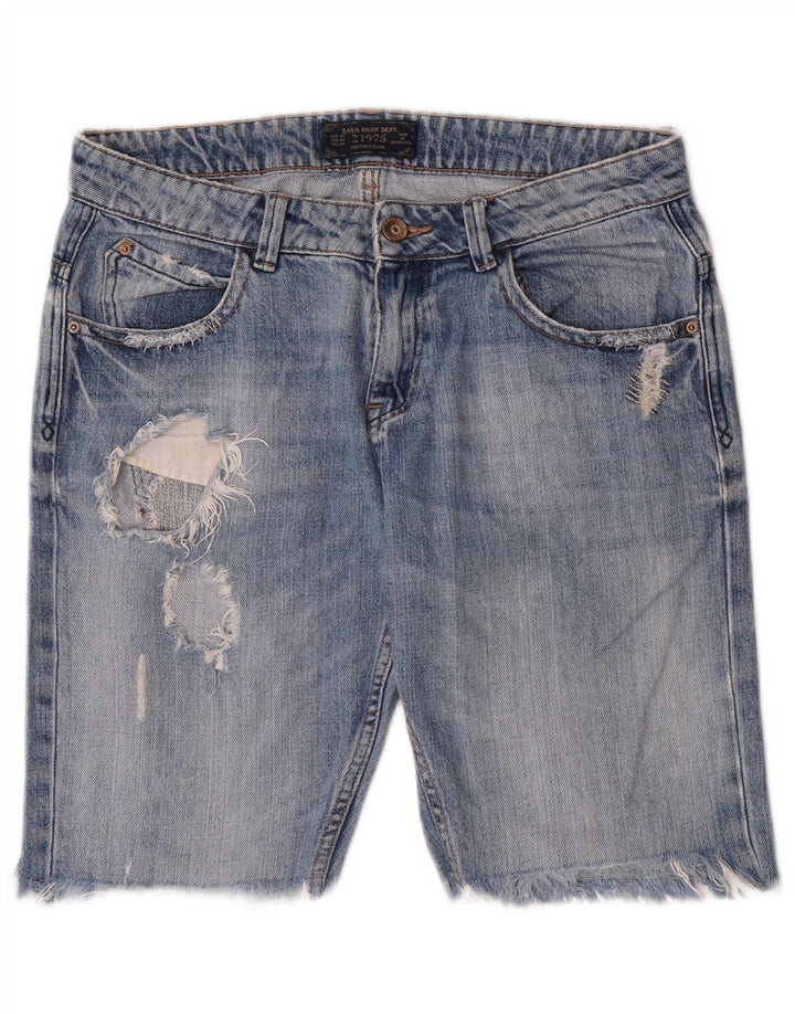 Zara Shorts jeans feminino desgastado UE 38 pequeno W28 azul