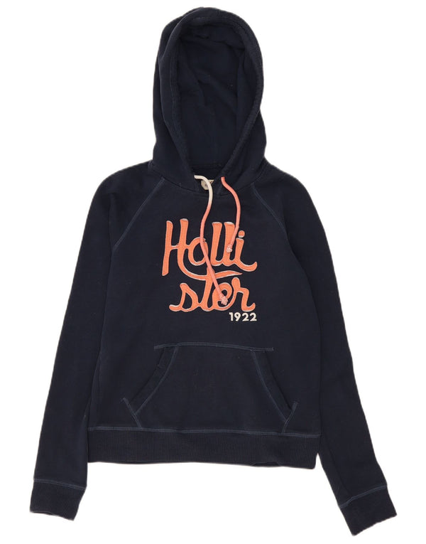 Jumper feminino com capuz gráfico Hollister Reino Unido 10 pequeno algodão azul marinho