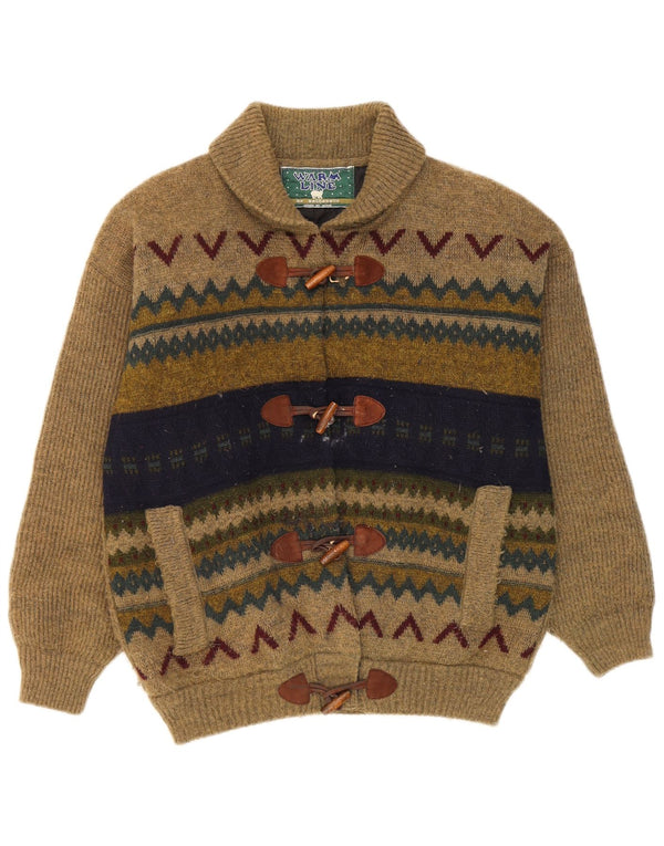 Suéter cardigã masculino vintage de lã geométrica cáqui médio
