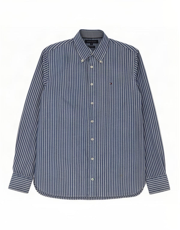 Camisa masculina Tommy Hilfiger Custom Fit pequena listrada azul de algodão