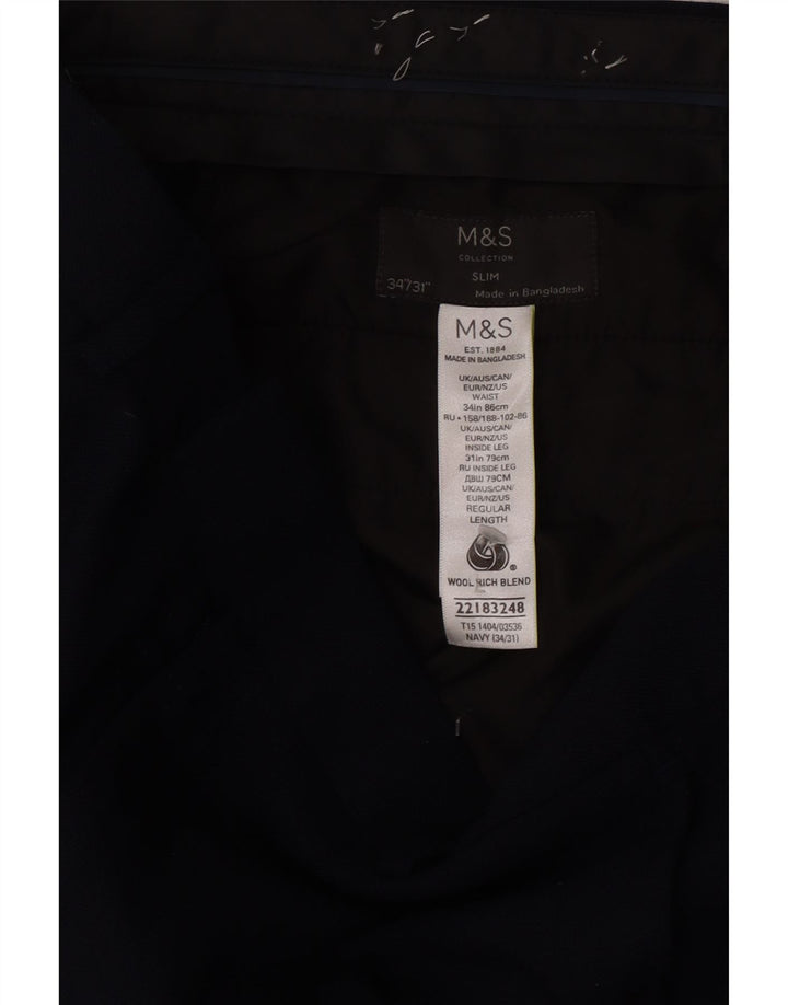 Calça masculina Marks & Spencer Slim Suit W34 L31 Lã Azul Marinho