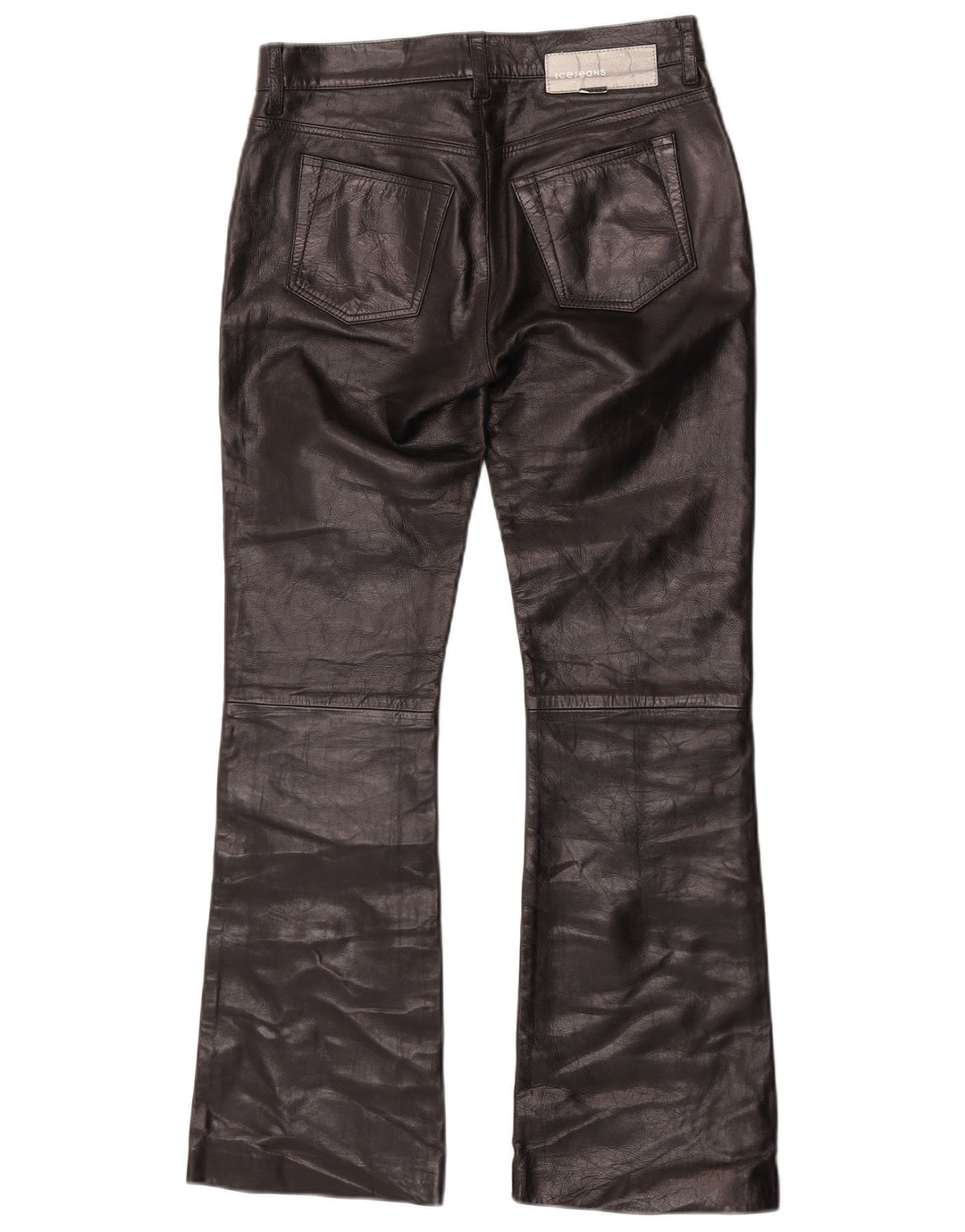 Calça feminina de couro Iceberg Bootcut W27 L29 couro preto