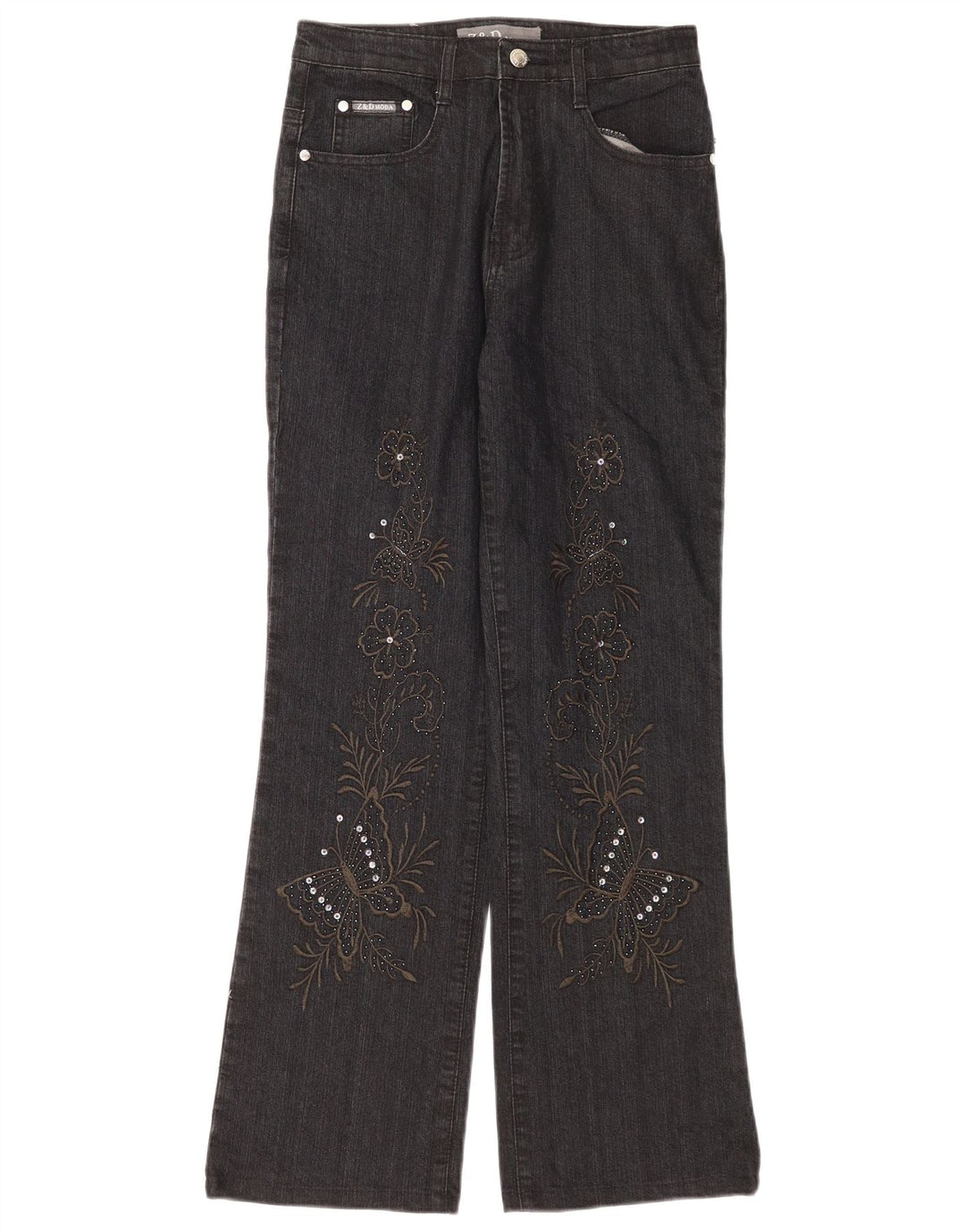 Jeans vintage feminino bootcut IT 42 médio W28 L30 cinza floral algodão