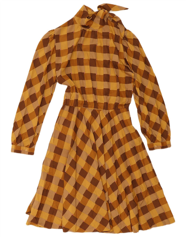 Vestido feminino vintage manga comprida linha A IT 42 xadrez marrom médio