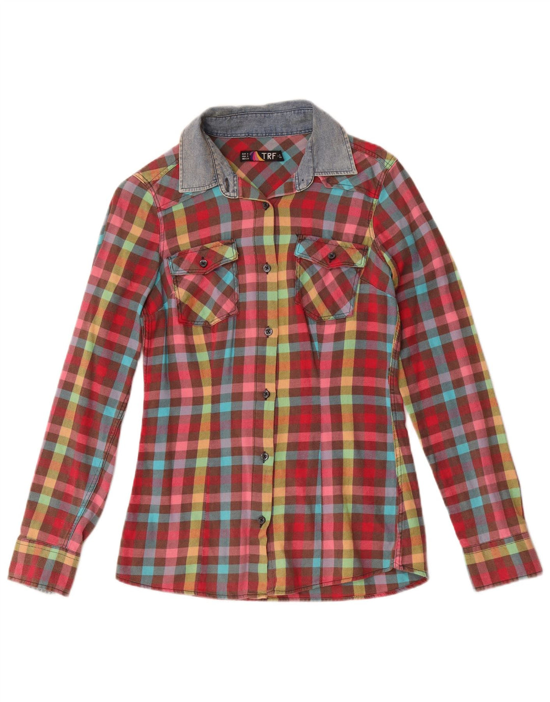 Camisa de flanela feminina vintage Reino Unido 10 algodão xadrez pequeno multicolorido