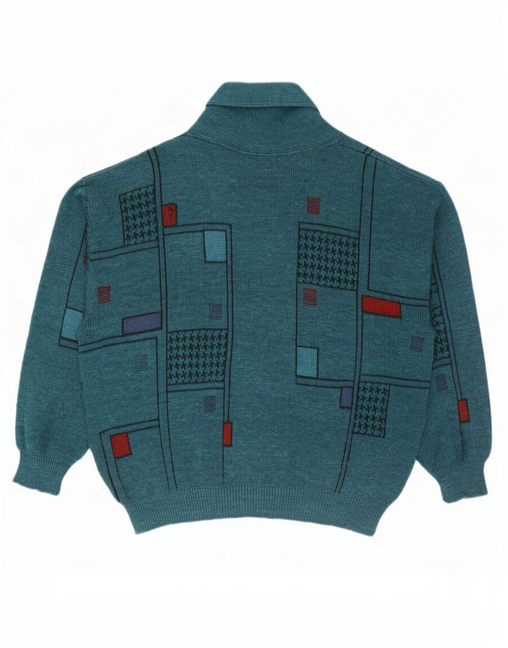 Suéter Cardigan Masculino Vintage XL Lã Geométrica Verde