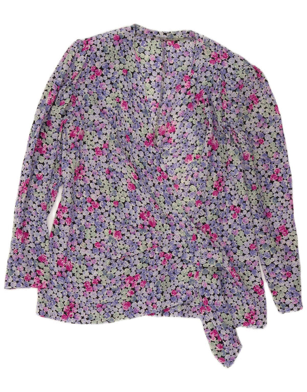 Blusa feminina vintage com camisa envoltória UK 16 grande floral multicolorida
