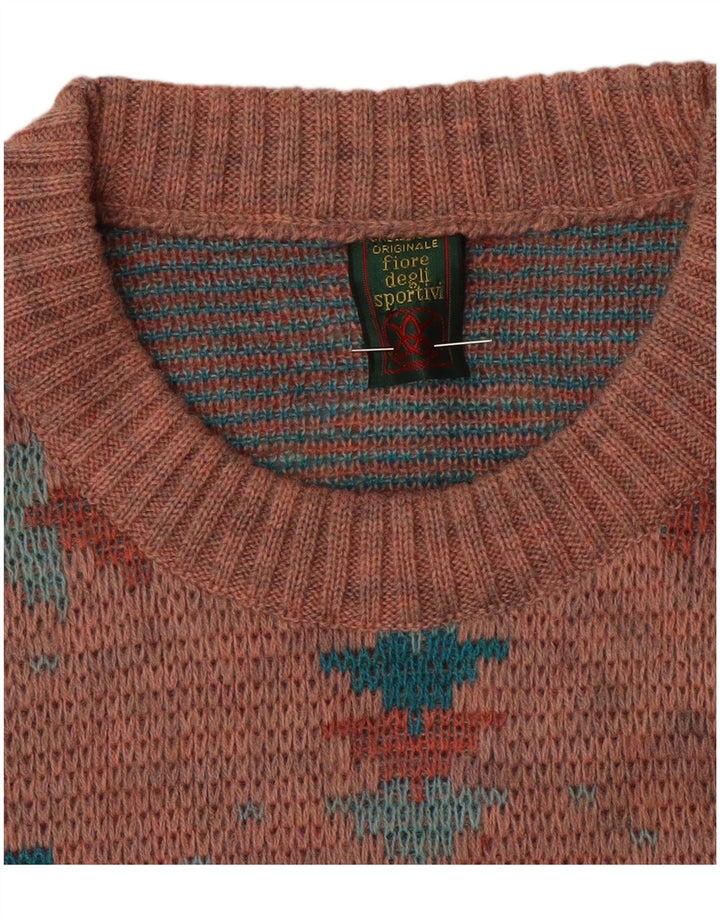 Suéter vintage masculino com gola redonda grande rosa geométrico