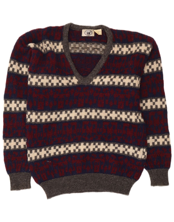 Suéter masculino vintage com decote em V, lã geométrica multicolorida média