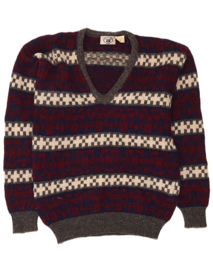 Suéter masculino vintage com decote em V, lã geométrica multicolorida média