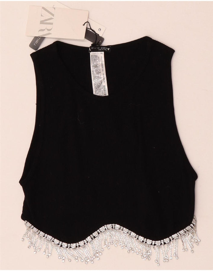 Zara Womens Crop Top UK 12 Médio Preto Nylon