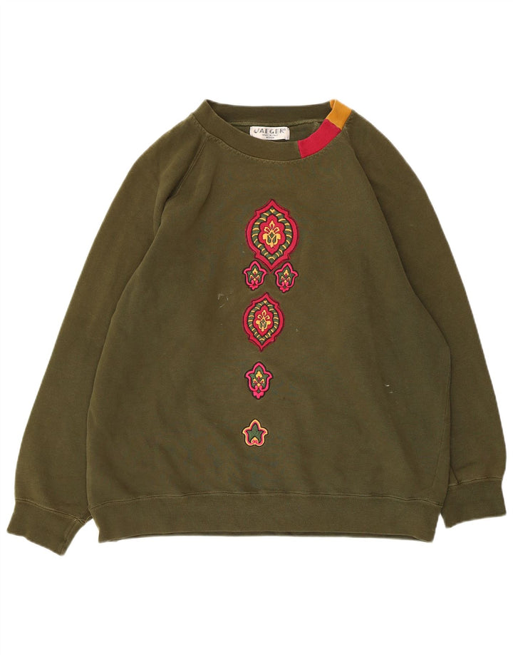 Suéter feminino Jaeger de grandes dimensões Reino Unido 12 algodão floral cáqui médio