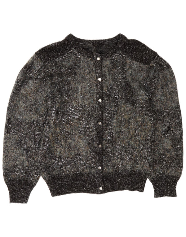 Suéter cardigã feminino vintage Reino Unido 12 mohair manchado cinza médio