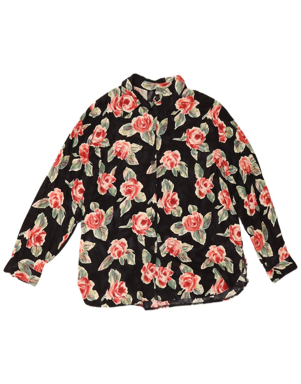 Blusa feminina vintage EU 46 XL viscose floral preta