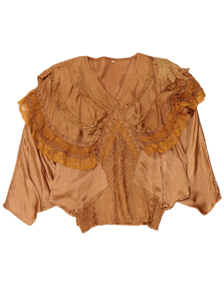 Blusa feminina vintage com babados frontal em asa de morcego EU 40/42 grande viscose marrom
