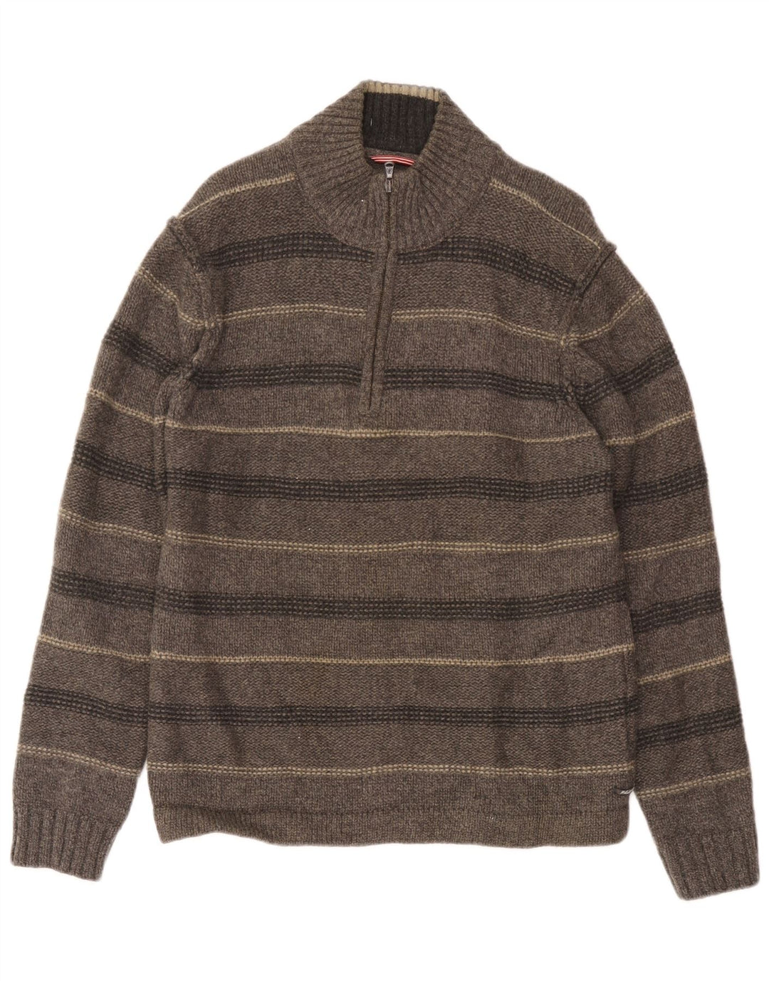 Suéter masculino branco com zíper e gola em lã de cordeiro grande listrada cinza